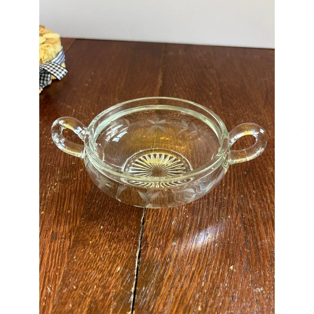 Vintage Clear Etched Glass Sugar Bowl Floral Pattern Double Handle Sunburst Base